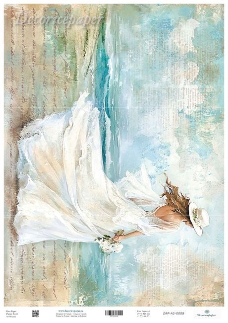 Woman in a white dress and hat standing on a beach with a watercolour effect
