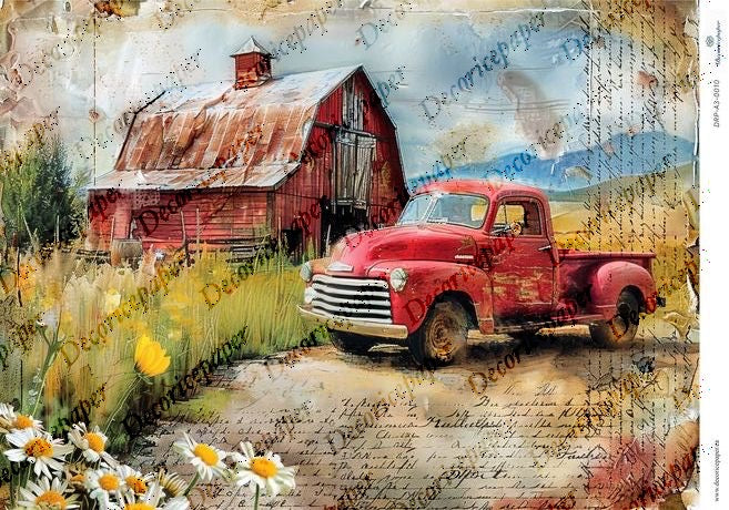 DRP A3 0010 - Summer Farm with Red Truck - Rice Paper A3