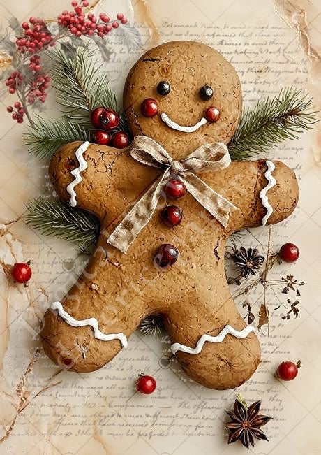 Decorative gingerbread man cookie with berries and greenery on a textured background