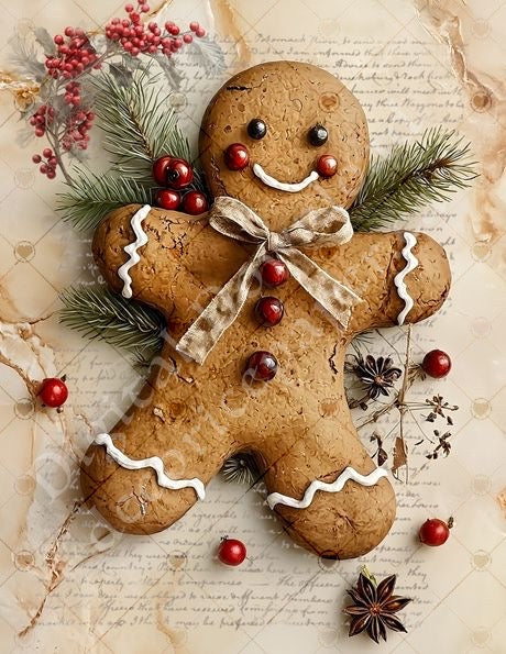Decorative gingerbread man with berries and greenery on a textured background