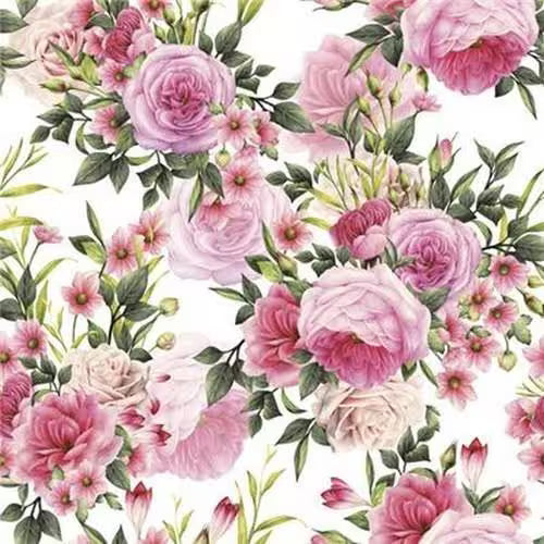 Pattern of pink flowers with green leaves on a white background