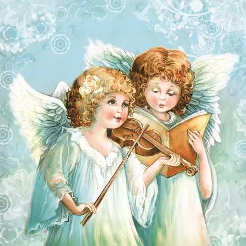 Two angelic children playing violin and reading a book against a light blue background with floral patterns.