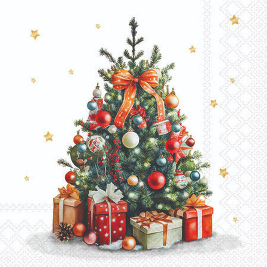 Decorative paper napkin with a Christmas tree and presents on a white background
