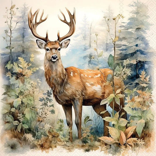 Watercolor-style artwork of a stag deer with large antlers standing in a misty forest with green and beige foliage.