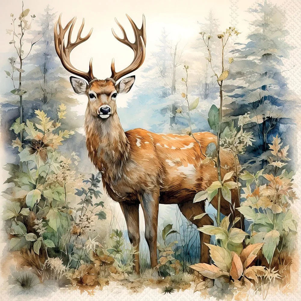 Watercolor-style artwork of a stag deer with large antlers standing in a misty forest with green and beige foliage.