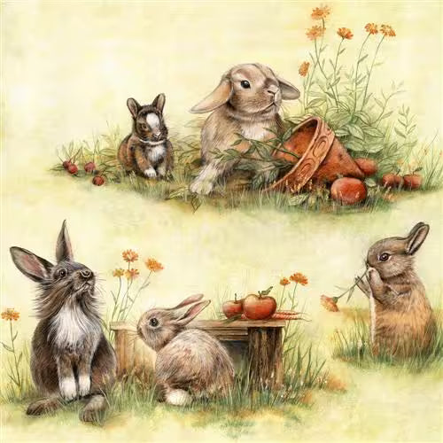 Illustration of rabbits in a garden setting with flowers and a pot.