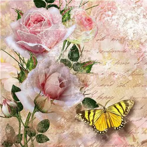 Vintage-style illustration of pink roses and a yellow butterfly on a textured background.