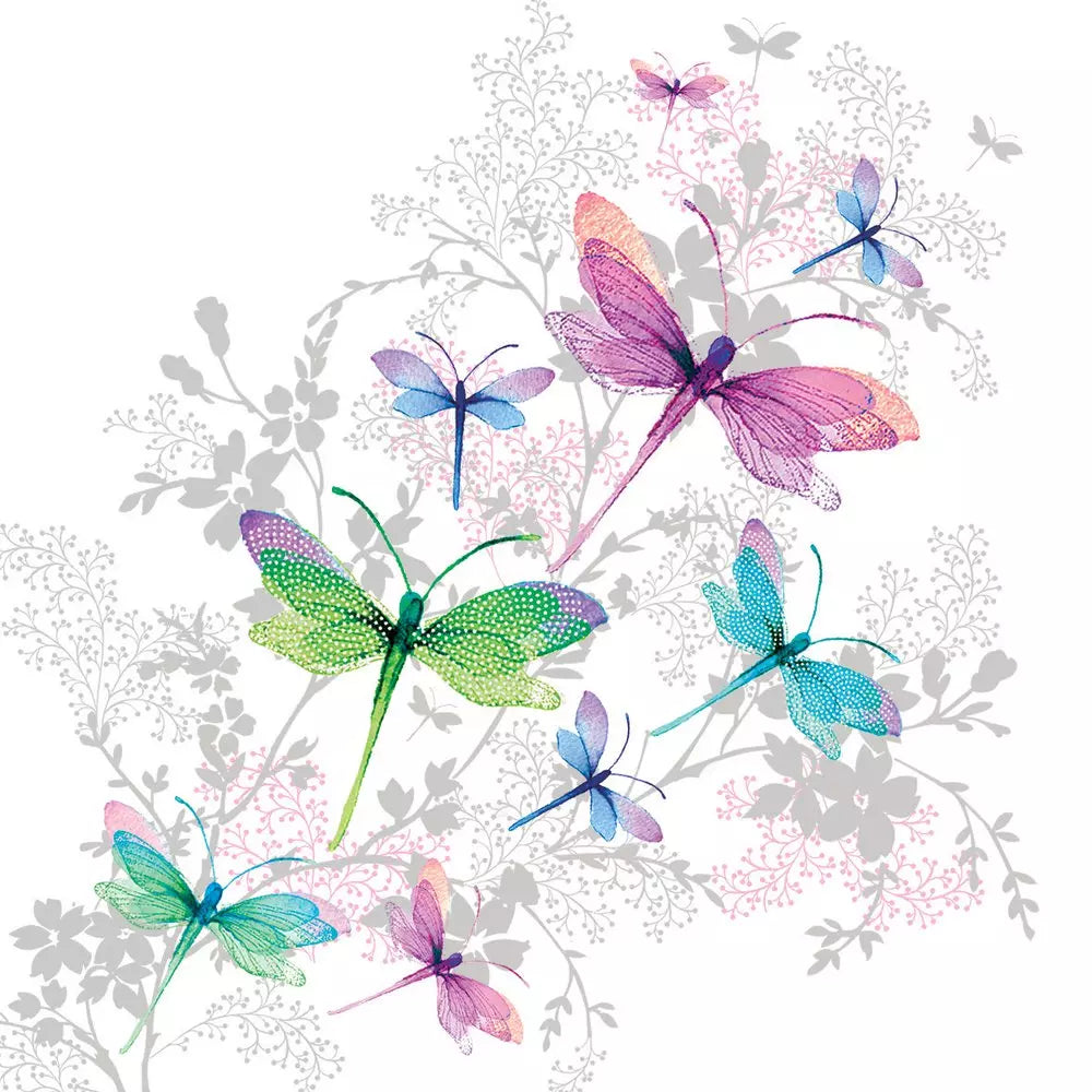 Colorful dragonflies on a white background with floral elements