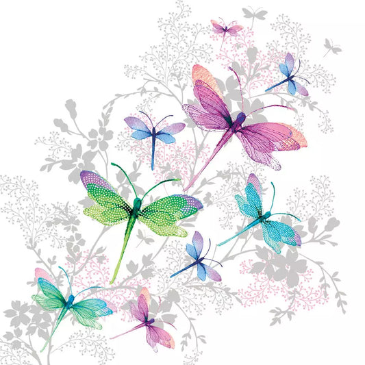 Colorful dragonflies on a white background with floral elements