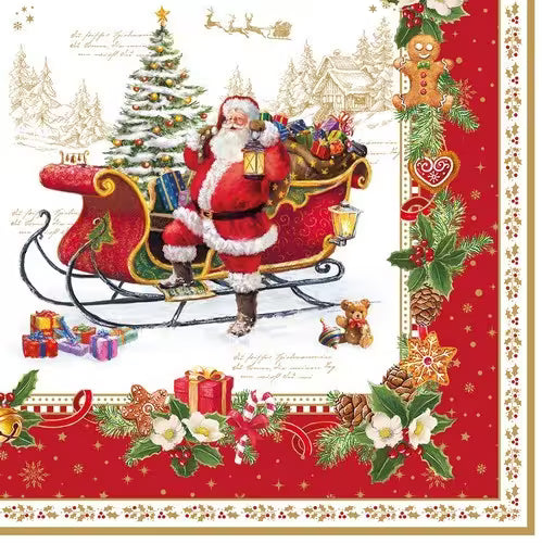 Christmas-themed paper with Santa Claus in sleigh, Christmas tree, and festive border.