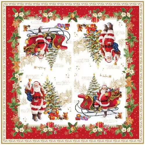 Decorative Christmas fabric with Santa Claus, reindeer, and Christmas trees on a red background.