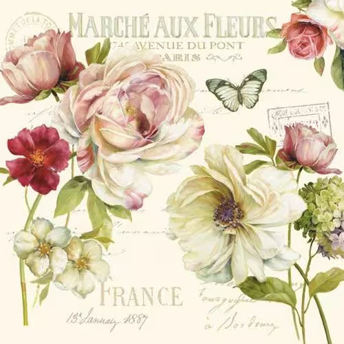 Floral arrangement with 'Marché aux Fleurs' text and butterfly on a light background