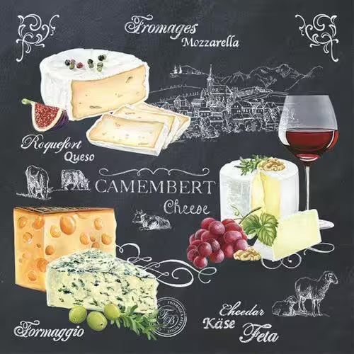 Illustration of various types of cheese with a glass of red wine on a chalkboard-style background.