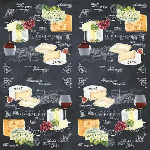 Pattern of various types of cheese with labels on a dark background