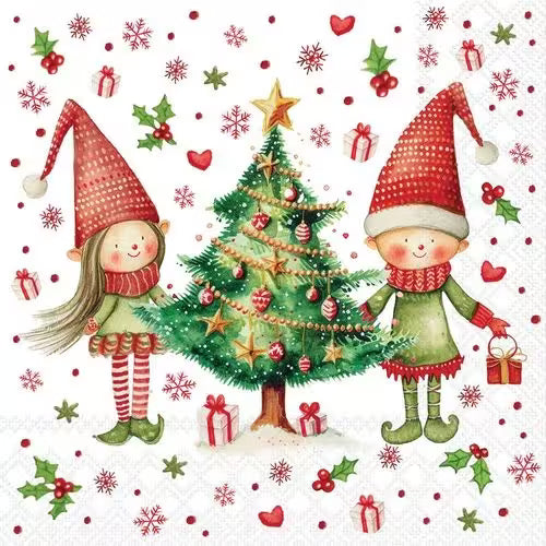 Two Christmas elves standing beside a decorated tree, with gifts, snowflakes, hearts, and holly around them.