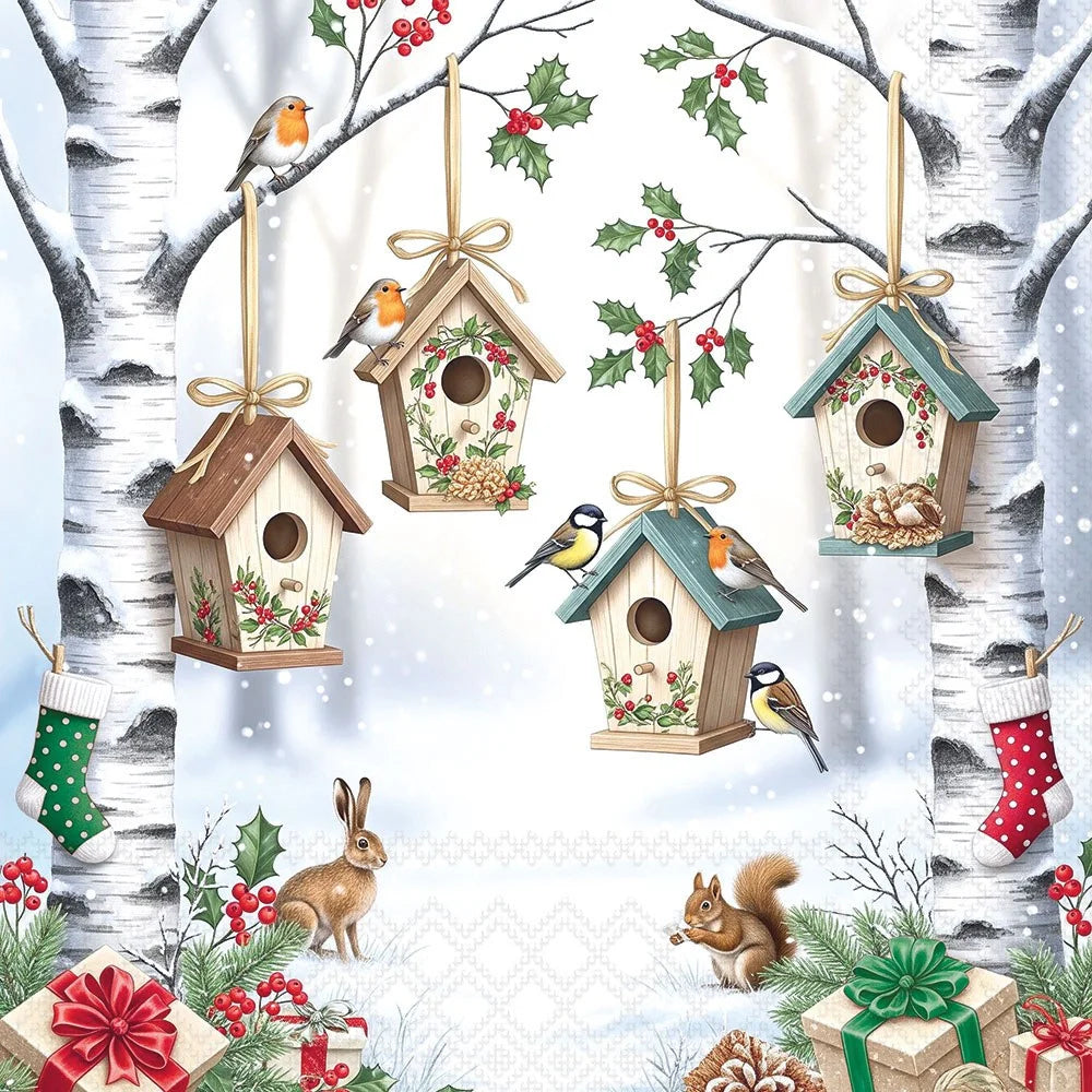 A festive Christmas woodland scene with five hanging birdhouses decorated with holly and floral motifs, small birds perched on branches, birch trees, stockings, gifts, a rabbit, and a squirrel in the snow.