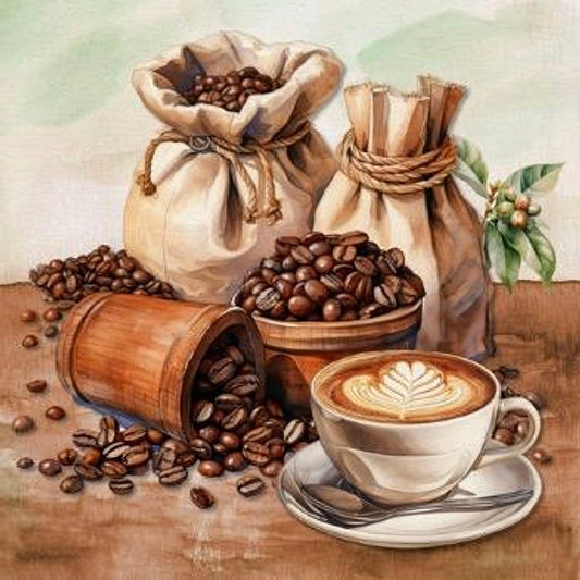 A cup of coffee with coffee beans and sacks in the background