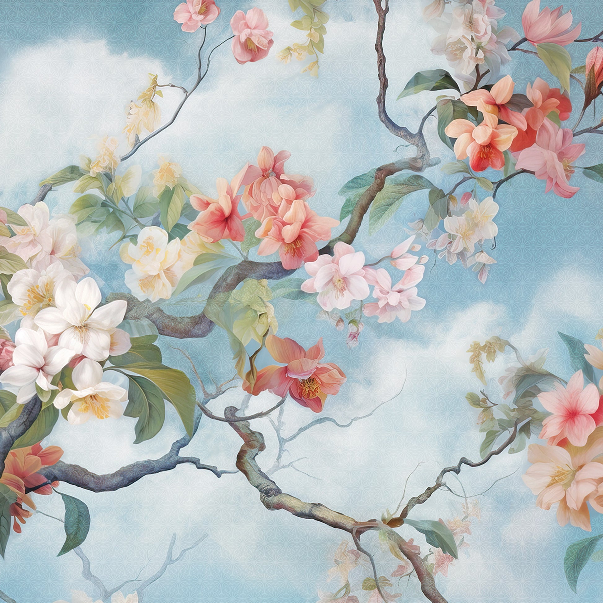 Floral design with pink, white, and green flowers on a light blue background