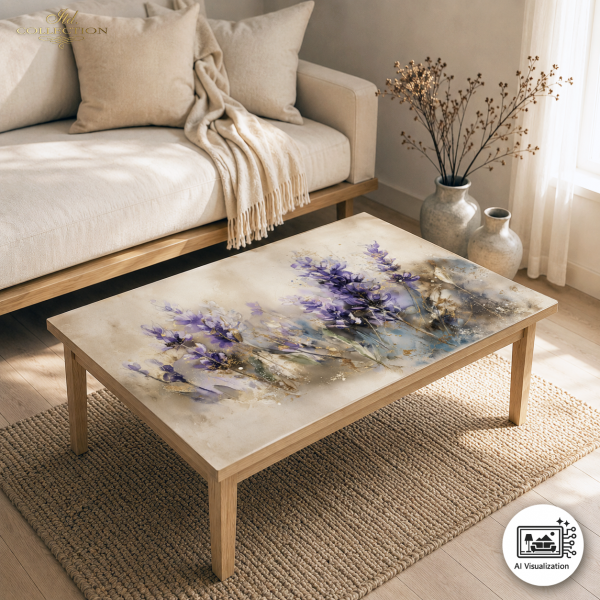 A modern wooden coffee table with a rectangular top featuring a watercolor-style floral design in purple, blue, and beige tones, styled in a bright living room next to a cream sofa.