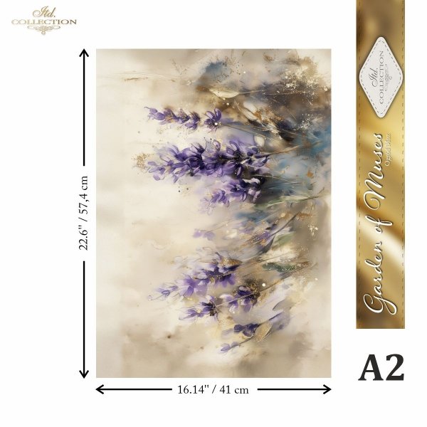 Watercolor floral wall mirror print featuring purple lavender-like flowers on a beige and brown textured background, shown with dimension arrows and a vertical product label.