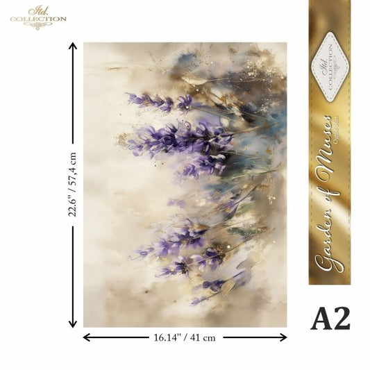 Watercolor floral wall mirror print featuring purple lavender-like flowers on a beige and brown textured background, shown with dimension arrows and a vertical product label.