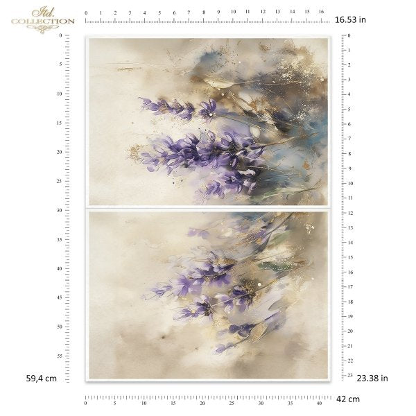 A two-panel floral wall art print with watercolor-style purple flowers on a warm beige background, shown with measurement rulers and dimensions around the panels.