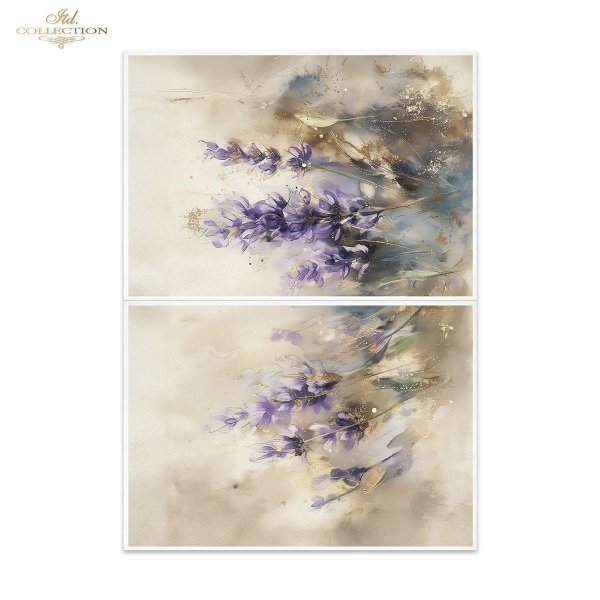 A two-panel vertical canvas wall art set featuring an abstract watercolor painting of purple lavender or lilac flowers on a warm beige background.