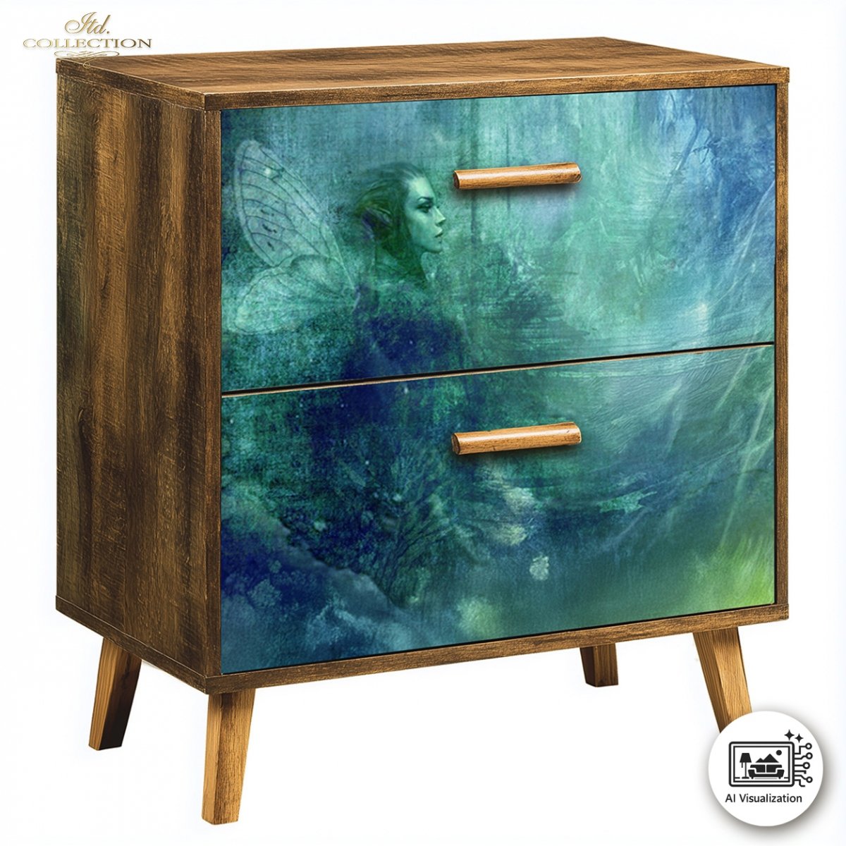 A mid-century modern two-drawer cabinet with a rustic brown wood frame and legs, featuring two front drawers decorated with a blue and green fairy illustration. It has light wood handles and is shown on a white background.