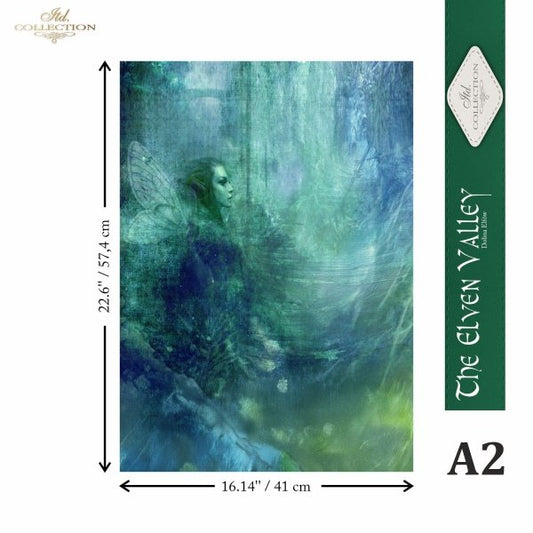 A2 size wall art print preview from Ash Collection featuring 'The Elven Valley' artwork with a blue-green forest scene and dimension arrows showing 22.6 x 16.