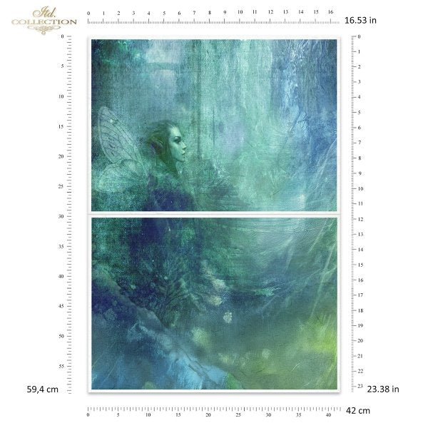 A wallpaper sample sheet from ITD Collection showing a fantasy forest scene with a fairy in shades of teal, blue, and green, complete with measurement rulers and dimensions printed around the border.