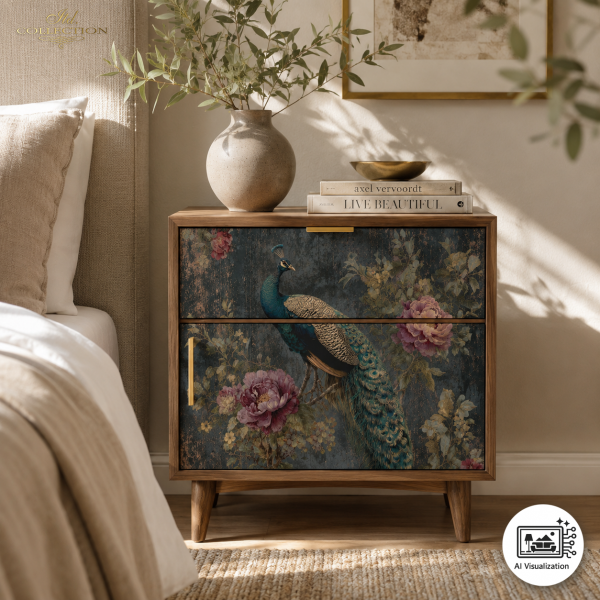 A two-drawer nightstand with a dark blue peacock and floral print, styled in a warm, sunlit bedroom next to a bed with a vase and books on top.