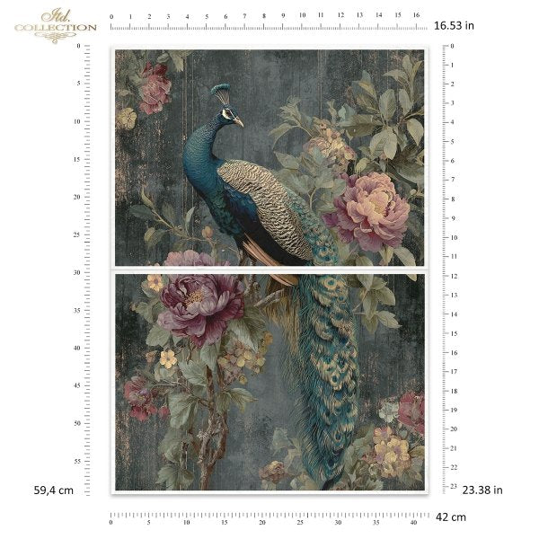 A vintage-style wall mural or wallpaper panel featuring a peacock and floral design, shown with measurement rulers indicating dimensions of 16.53 inches by 42 cm.