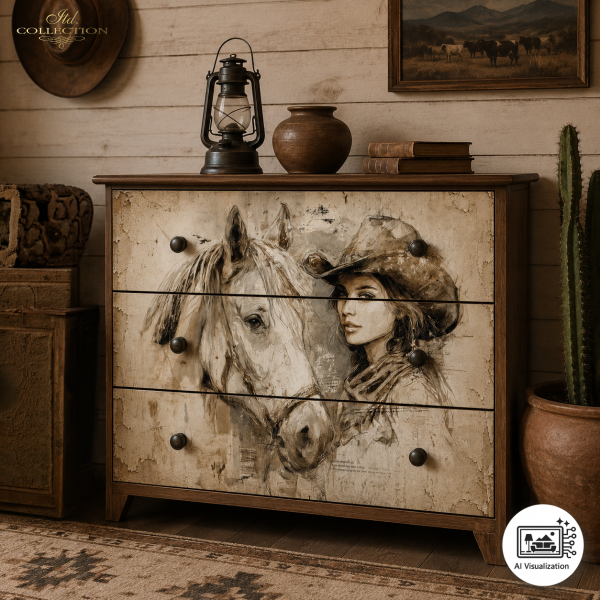 A rustic three-drawer dresser with a distressed sepia western-style print of a horse and a woman wearing a cowboy hat on the front. The dresser is styled in a warm, wood-paneled room with a lantern, books, and a cactus.
