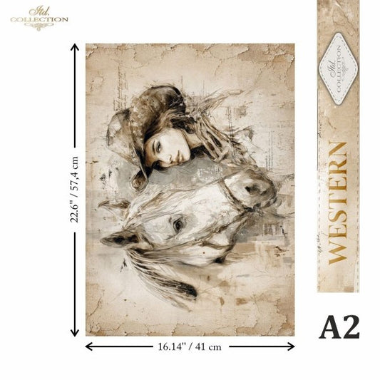 Western-themed wall art print showing a sepia-toned sketch of a woman and horse, with dimension arrows and measurements indicating 22.6 x 16.