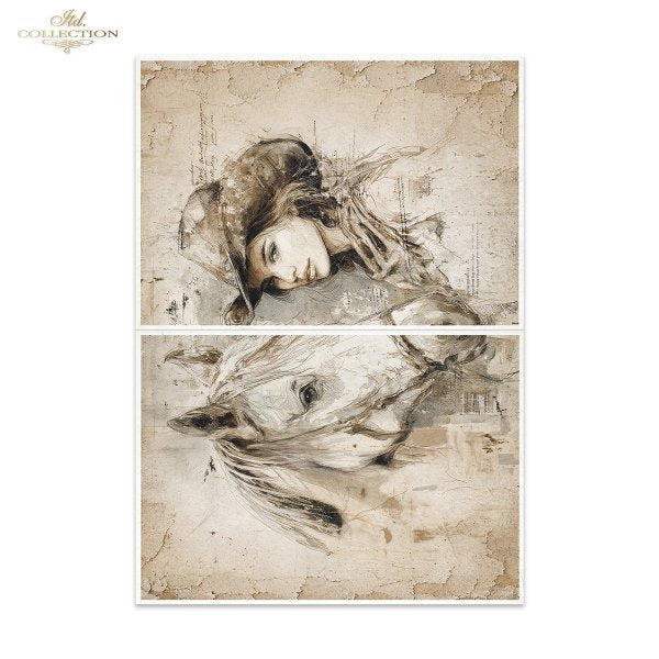 A two-panel canvas wall art print featuring a sepia-toned sketch of a woman in a hat on the top panel and a horse head on the bottom panel, presented on a white background.