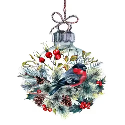 Decorative Christmas ornament with a bird, berries, and foliage on a white background
