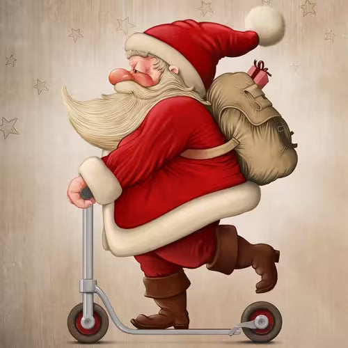Illustration of Santa Claus riding a scooter with a sack on a beige background