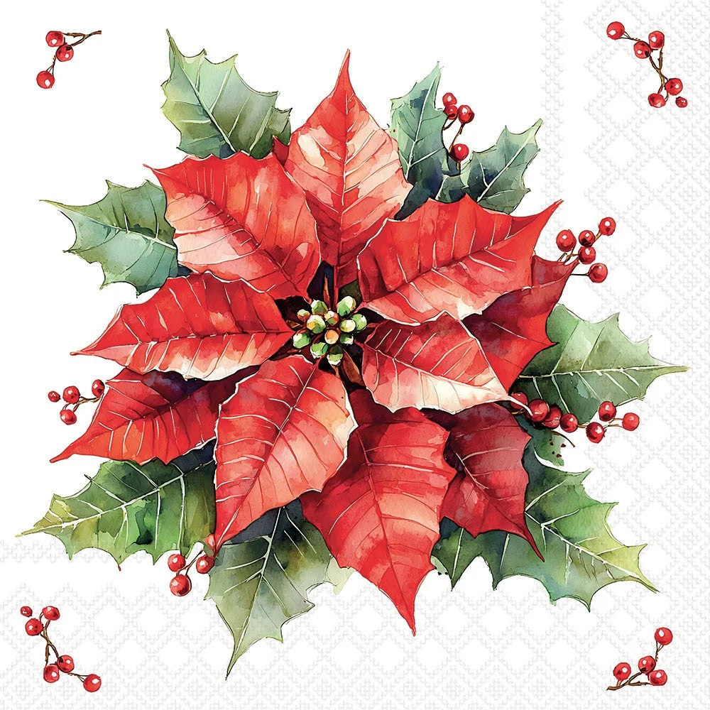 Watercolor-style Christmas illustration featuring a red poinsettia with green holly leaves and small red berries on a white background with a subtle geometric pattern.