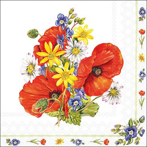 Napkin with a colorful floral design featuring red poppies, yellow daisies, and blue flowers on a white background.