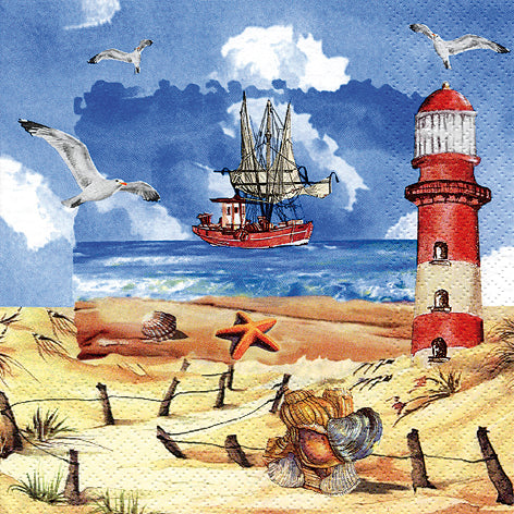 Coastal scene with a red lighthouse, sailing ship, seagulls, and seashells on a sandy beach.