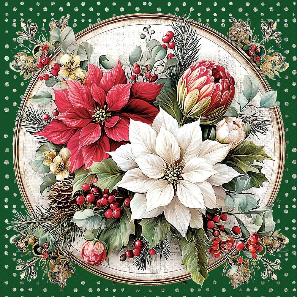 A square decorative floral artwork featuring large red and white poinsettia-like flowers, green leaves, red berries, pinecones, and evergreen branches arranged inside an oval frame on a dark green polka-dot background.