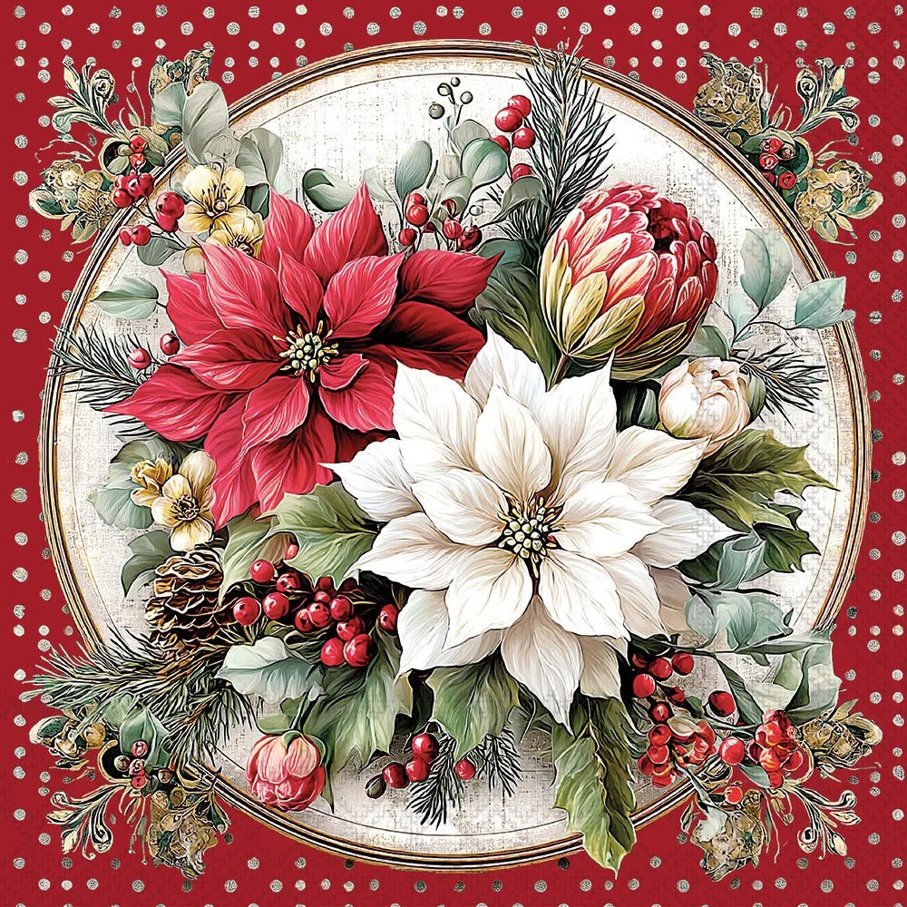 A square Christmas floral design featuring a large white poinsettia, a red poinsettia, a protea, holly leaves, pinecones, and red berries arranged inside a round border on a red background with small white dots.