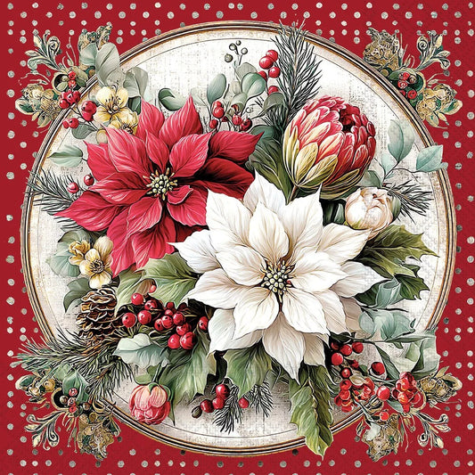 A square Christmas floral design featuring a large white poinsettia, a red poinsettia, a protea, holly leaves, pinecones, and red berries arranged inside a round border on a red background with small white dots.