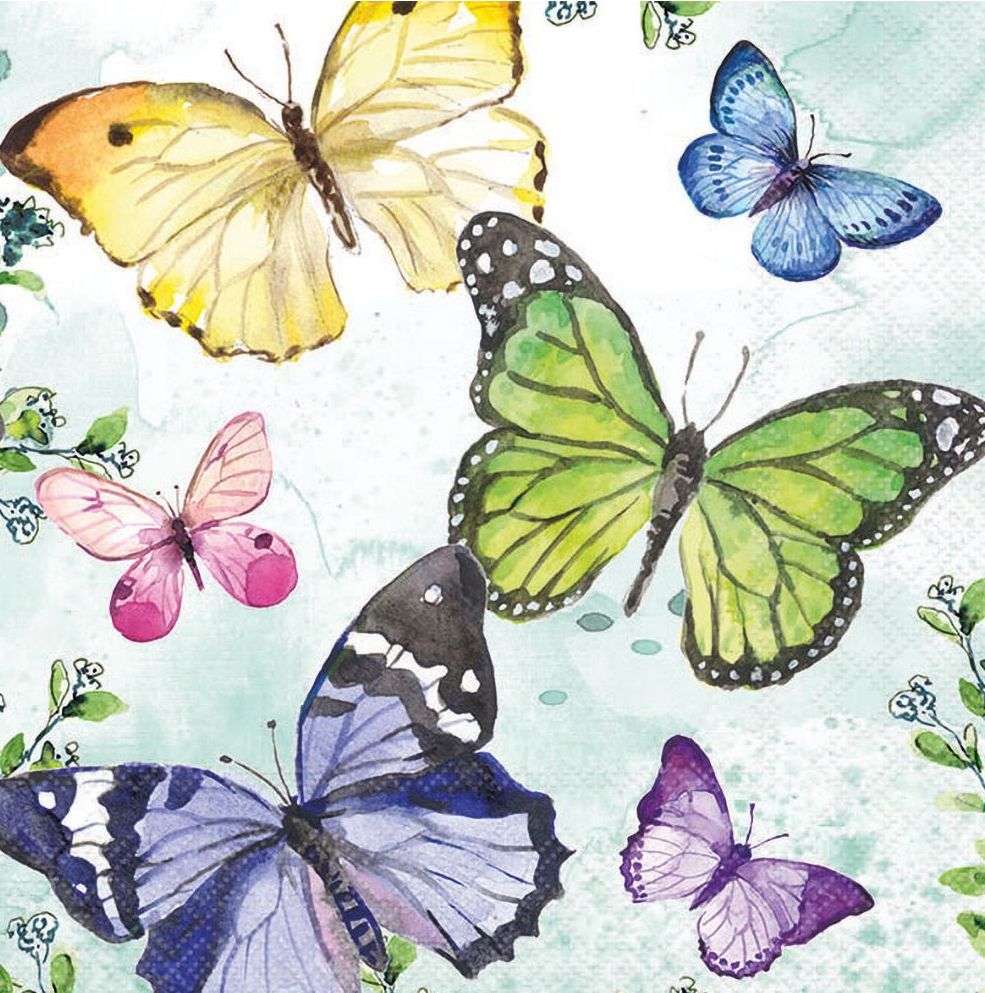 Colorful butterflies on a light green background with green leaves.