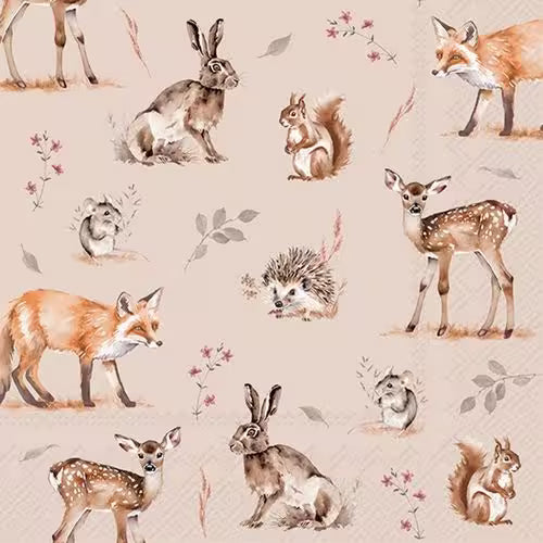 Forest animal pattern with foxes, deer, rabbits, squirrels, hedgehogs, and small floral details on a beige background.