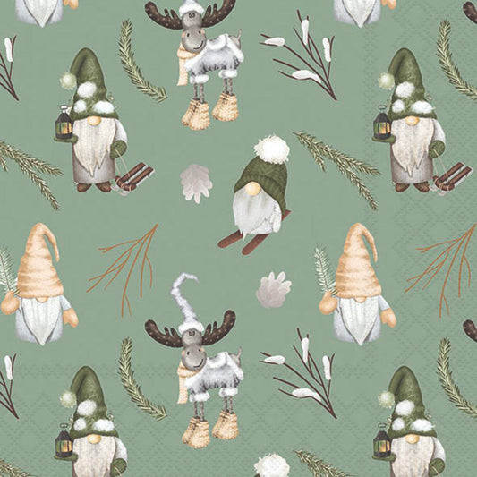 Pattern of gnomes and moose on a green background