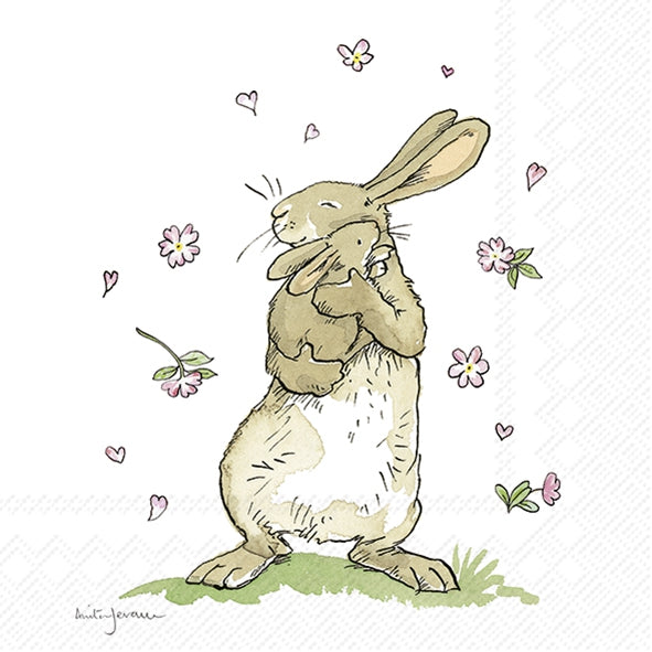 Illustration of a rabbit holding a bunny with hearts and flowers around on a white background