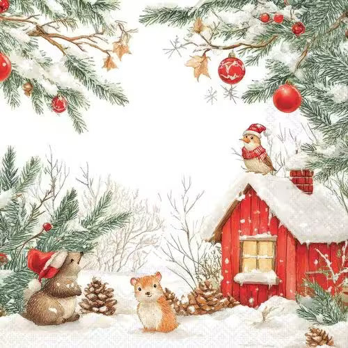 A cozy snowy cabin scene with small animals, pine branches, red ornaments, and Christmas decorations.