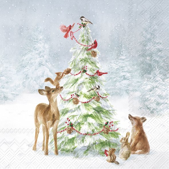 Christmas scene with a decorated tree, deer, fox, and birds in a snowy landscape.