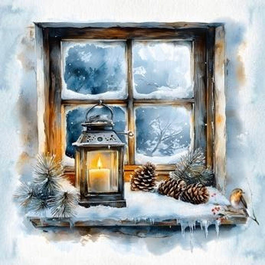 A frosted window with snow, a glowing lantern, pine branches, pinecones, and a small bird on the sill